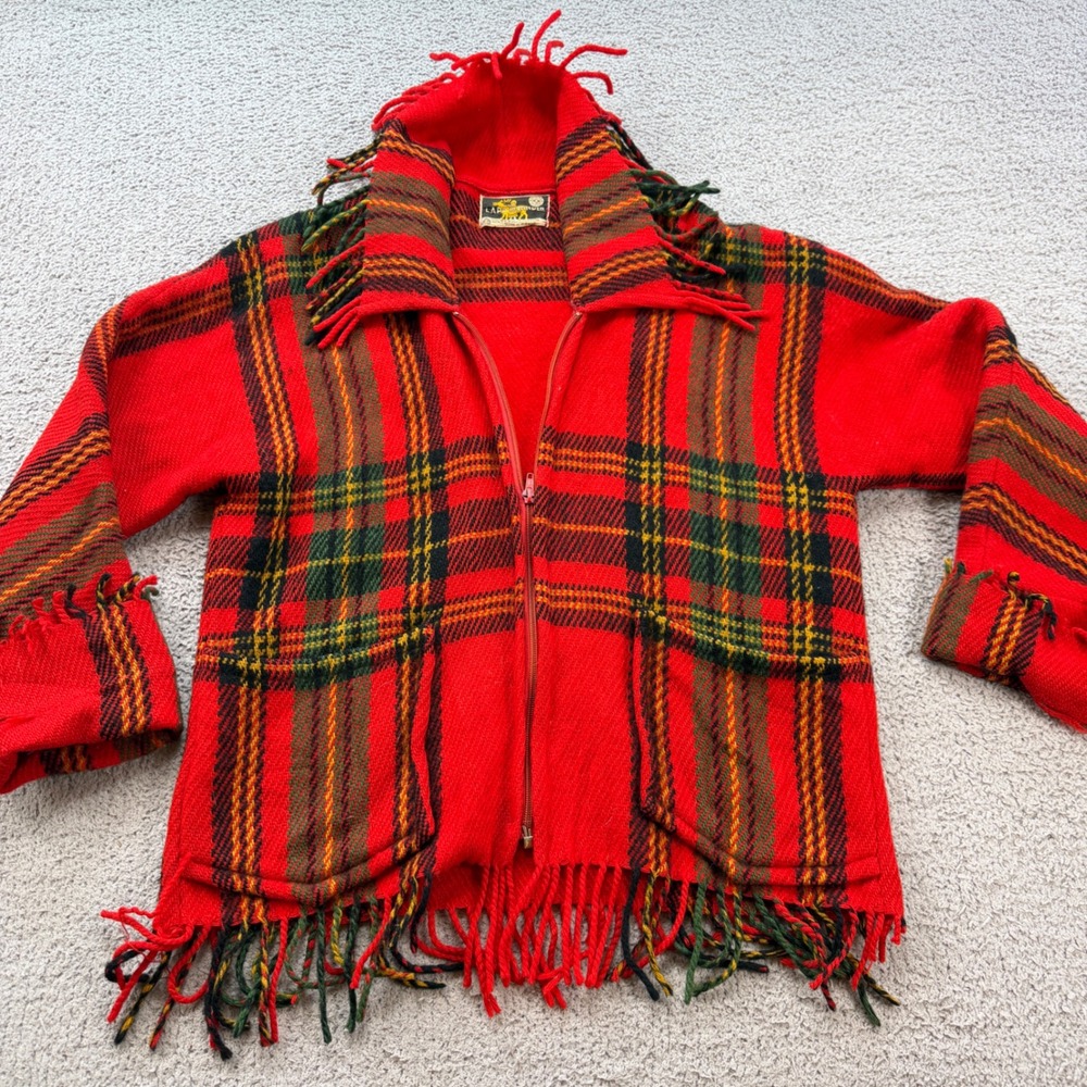 Vintage Lapplander Made in Norway Red Plaid 100% Wool Fringe Zip Jacket 70s Boho